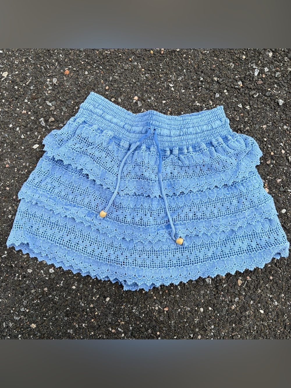 Light Blue Crochet Mini Skirt with Drawstring Waist